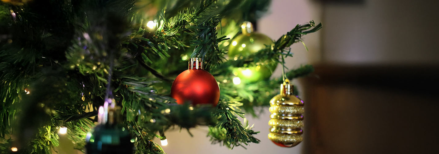 Close-up of a decorated Christmas tree with red, green. and gold ornaments and twinkling white lights.